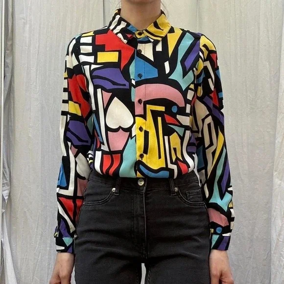 Multicolored Abstract Print Button Down Blouse Big Dart S/M Retro Bold Unique - Picture 2 of 6